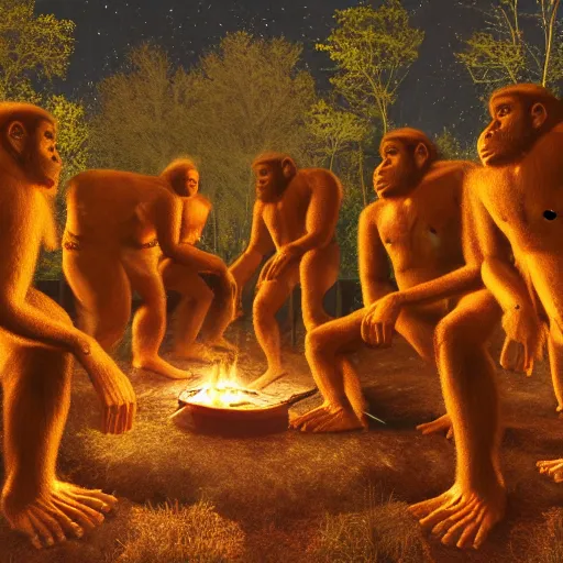 Image similar to an australopithecus tribe gathering, pointing to the stars, fire pit, ambient lighting, orange pallete, anatomically correct, beautiful starry skies, 4k photo,