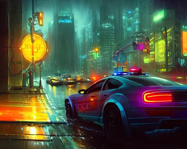 Image similar to police chase, night life, neon glow, heavy rain, deep focus, d & d, fantasy, intricate, elegant, highly detailed, digital painting, artstation, concept art, matte, sharp focus, illustration, hearthstone, art by artgerm and greg rutkowski and alphonse mucha