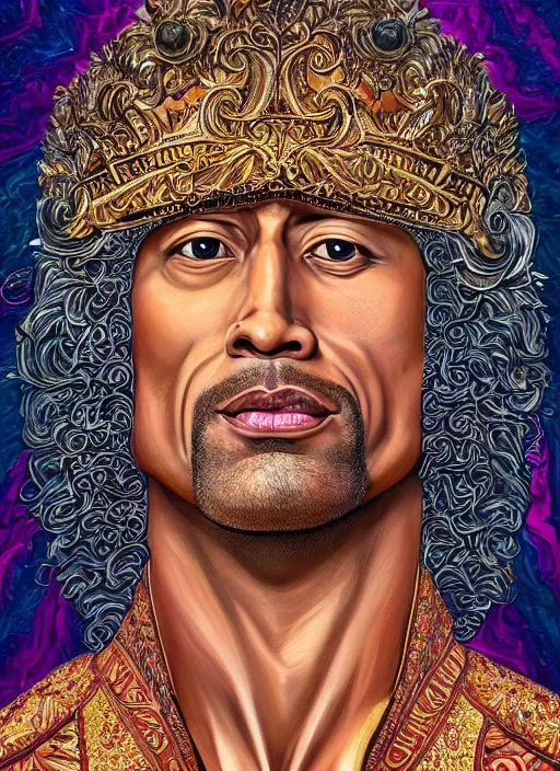 Image similar to beautiful oil painting, full length portrait of Dwayne the rock Johnson as Louis xiv in coronation robes 1701, Dan Mumford, Dan Mumford, Alex grey, Alex grey, highly detailed , lsd visuals, dmt fractal patterns, hallucinogen, visionary art, psychedelic art, ornate, vaporwave, baroque