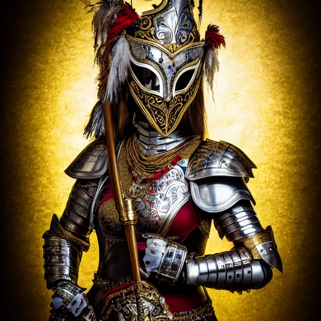 Image similar to full body portrait photo of a female warrior with ornate venetian mask and armour, highly detailed, 8 k, hdr, close up, smooth, sharp focus, high resolution, award - winning photo