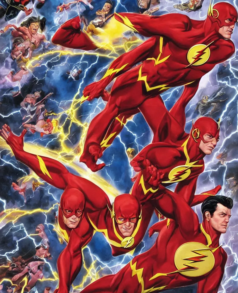 Image similar to The Flash, crisis on infinite earth's, cover art, by Alex Ross and James Gurney