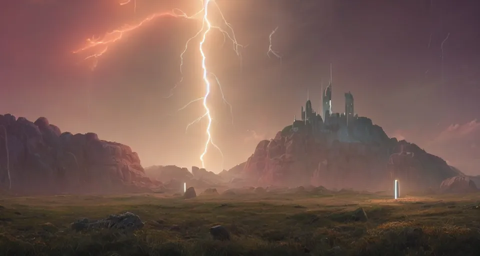 Image similar to Landscape with GIANT lightning bolt striking a futuristic castle, center composition, cinematic, rendered by simon stålenhag, rendered by Beeple, Makoto Shinkai, syd meade, environment concept, digital art, starwars, unreal engine, 3 point perspective, WLOP, trending on artstation, low level, 4K UHD image, octane render,