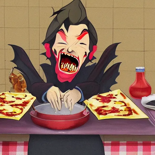 Image similar to time lapse painting of dracula cooking pizza