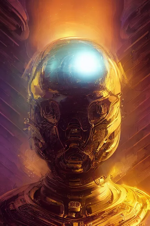 Prompt: portrait sci-fi art by Moebius and Ruan Jia and Joao Silva, a glowing alien liquid metal orb floating above the hand of a soldier, solar flares, futuristic environment, detailed and intricate environment, fractal biomech, cyberpunk, neon color, purple bioluminescence, gold and black metal, dramatic lighting, cinematic, high technology, highly detailed portrait, digital painting, artstation, concept art, smooth, sharp focus, ilustration, Artstation HQ