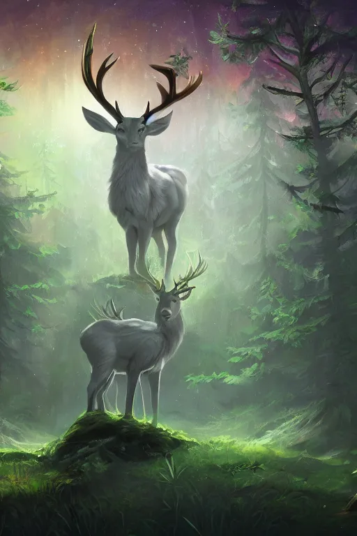 Prompt: Magical White Stag, lush evergreen forest, vivid colors, night scene, 4K, character concept art, oil painting, digital painting, painterly, cinematic lighting, rule of thirds, trending in artstation, cgsociety, by anato finnstark, Artgerm,