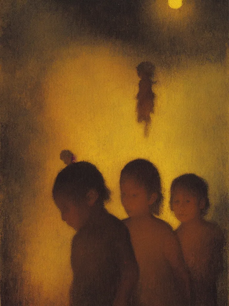 Image similar to backlit portrait of 2 kids at night, by odilon redon, high definition, intricate details, atmospheric, vegetation, small town