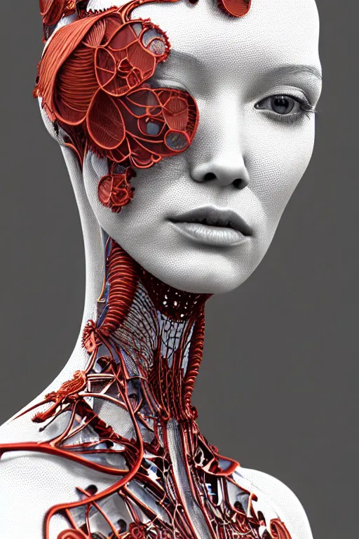 Prompt: complex 3d render ultra detailed of a beautiful porcelain profile woman face, biomechanical cyborg, analog, 150 mm lens, beautiful studio soft light, rim light, silver light red details, big leaves and stems, roots, fine foliage lace, mesh wire, Alexander Mcqueen high fashion haute couture, art nouveau fashion embroidered, steampunk, intricate details, hyper realistic, ultra detailed, mandelbrot fractal, anatomical, facial muscles, cable wires, microchip, elegant, octane render, H.R. Giger style, volumetric lighting, 8k post-production