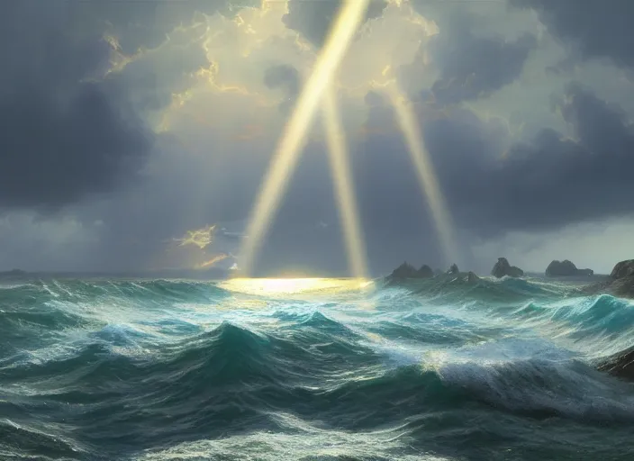 Prompt: an seascape painted by, mc escher, gordon onslow ford, georgia o'keeffe and ivan aivazovsky, cinematic light, god rays, unreal engine, zbrush central,