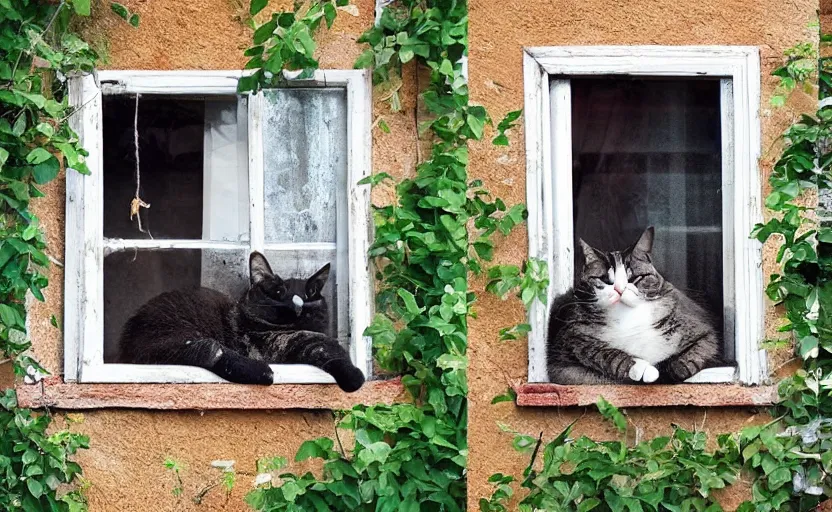 Prompt: sleeping cat on window, inside house in village, plants, calm, warm, cozy, collage, sweet home, cute, detailed