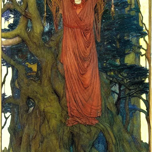 Prompt: the queen of the forest in a tree, by Annie Swynnerton and jean delville and Edmund Dulac and Nicholas Roerich and Tino Rodriguez, elaborately costumed, rich color, dramatic cinematic lighting, extremely detailed