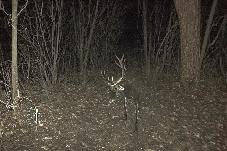 Prompt: low quality trailcam footage of a wendigo in a backyard, at night