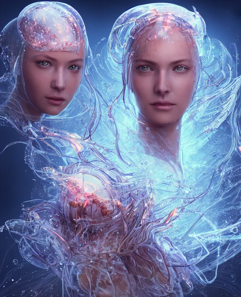 Image similar to epic medieval futuristic close-up macro portrait of the face of a beautiful princess, epic angle and pose, symmetrical artwork, 3d with depth of field, blurred background, cybernetic jellyfish female face skull phoenix bird, translucent, nautilus, energy flows of water and fire. a highly detailed epic cinematic concept art CG render. made in Maya, Blender and Photoshop, octane render, excellent composition, cinematic dystopian brutalist atmosphere, dynamic dramatic cinematic lighting, aesthetic, very inspirational, arthouse. y Greg Rutkowski, Ilya Kuvshinov, WLOP, Stanley Artgerm Lau, Ruan Jia and Fenghua Zhong