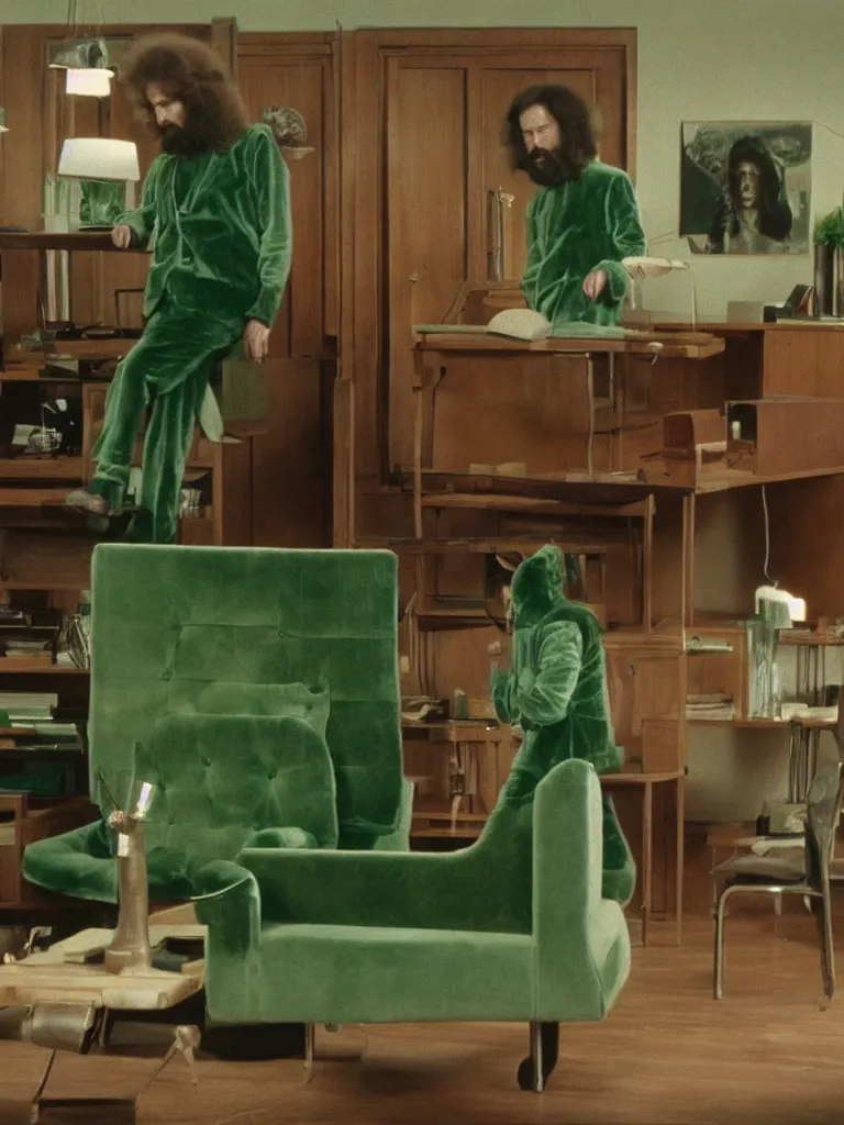 Image similar to a still of severance series indoor 7 0 s green velvet and wood with metal furniture office scenario appearing in a film of jodorowsky, in movie holy mountain ( 1 9 7 3 )