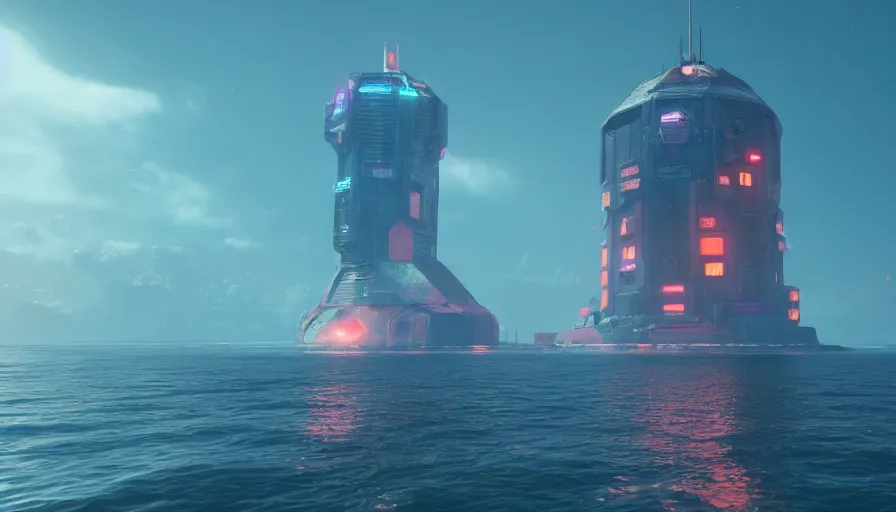 Image similar to a island in the middle of the ocean with a large cyberpunk tower on it, octane, redshift, volumetric lighting, reflections