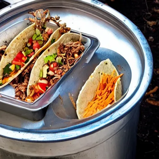 Image similar to the most disgusting tacos in the world served in a trashcan lid with worms, dirt, filth.