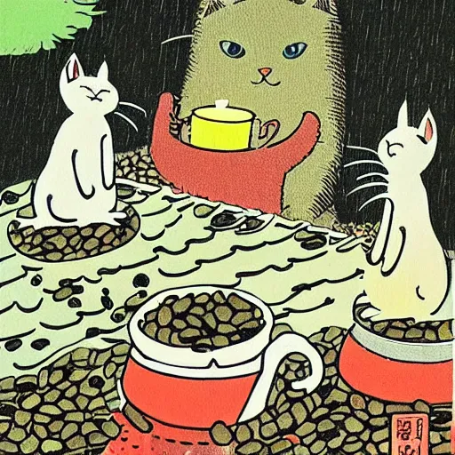 Image similar to cats drinking coffee, amongst raining coffee beans, in the style of Japanese illustration, Maurice Sendak, Tove Jansson