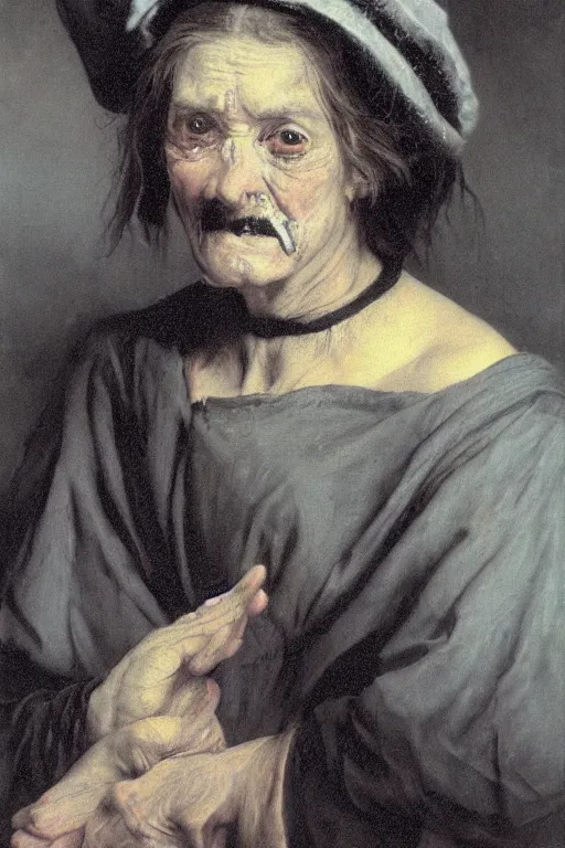 Image similar to hyperrealism extreme close-up portrait of medieval female with with leprosy, with mustache, pale skin, wearing cylinder hat, in style of Francisco Goya