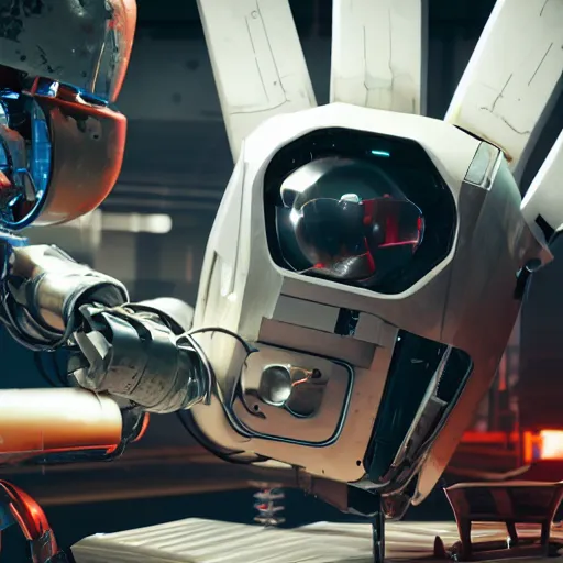 Prompt: a closeup shot of a robot being repaired in factory,cyberpunk,2077,big mecha,gundam,realistic,8k