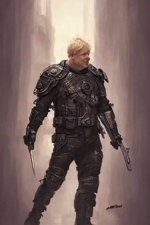 Image similar to Boris Johnson as Punisher, armor plate, realistic portrait, symmetrical, highly detailed, digital painting, artstation, concept art, smooth, sharp focus, illustration, cinematic lighting, art by artgerm and greg rutkowski and alphonse mucha