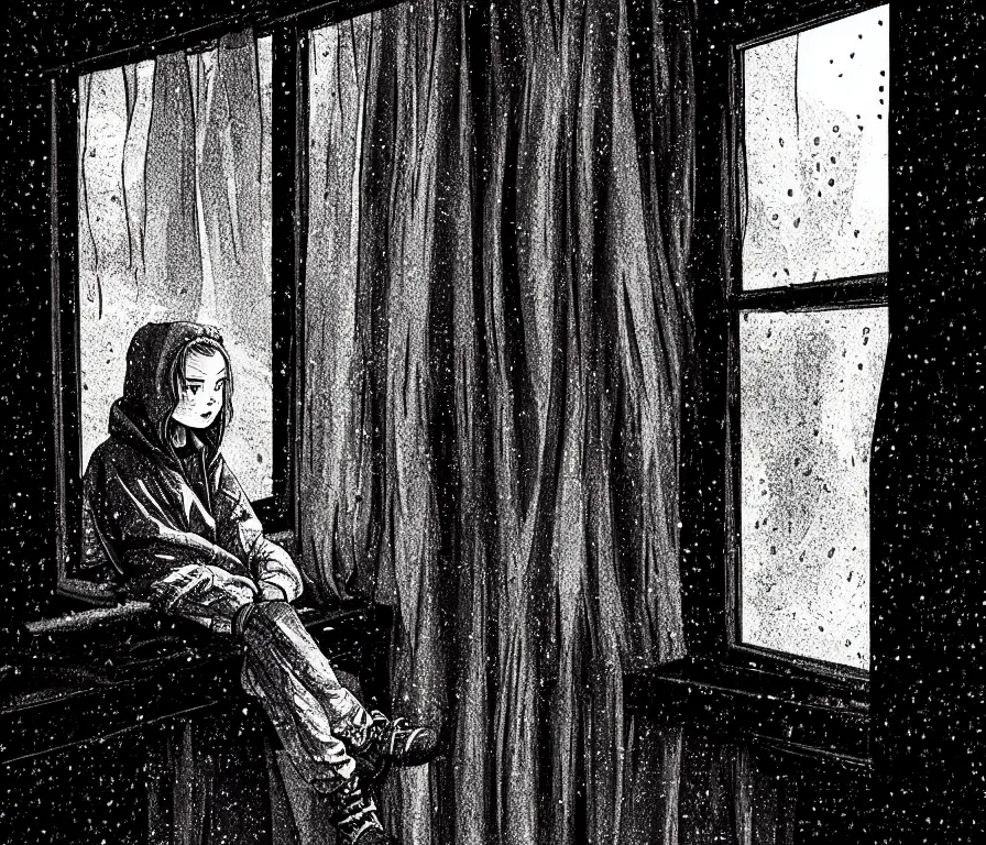 Prompt: sadie sink in hoodie sits on windowsill, knees tucked in | rain falls at night : storyboard, scifi cyberpunk. by gabriel hardman, chris bonura, joe alves. cinematic atmosphere, detailed and intricate, perfect anatomy