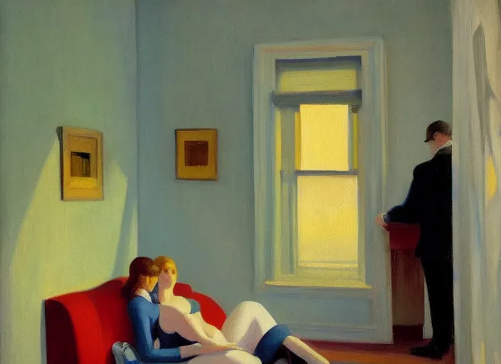 Image similar to two people in a hotel room in afternoon light, oil painting by edward hopper