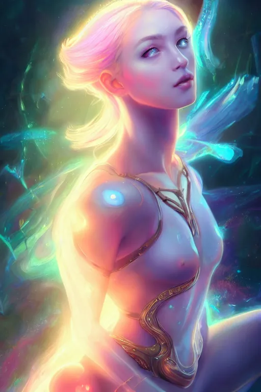 Prompt: a photographic portrait of an attractive young girl, partially clothed in ethereal armor, surrounded by colorful transparent plasma, emitting psychic powers, beautiful bone structure, perfectly proportioned face, perfect eyes, intricate, elegant, highly detailed, hyper detailed, trending on tumblr, by artgerm, by loish, fantasy scene, fantasy aesthetic, trending on Artstation