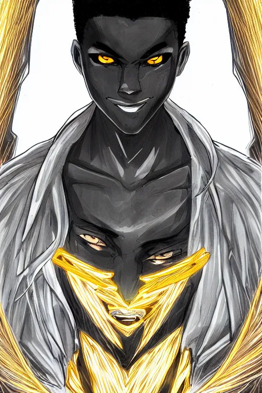 Image similar to glowing black male anime character, golden hair, yellow eyes, symmetrical, highly detailed, digital art, sharp focus, trending on art station, crazy hair, electricity everywhere, anime art style