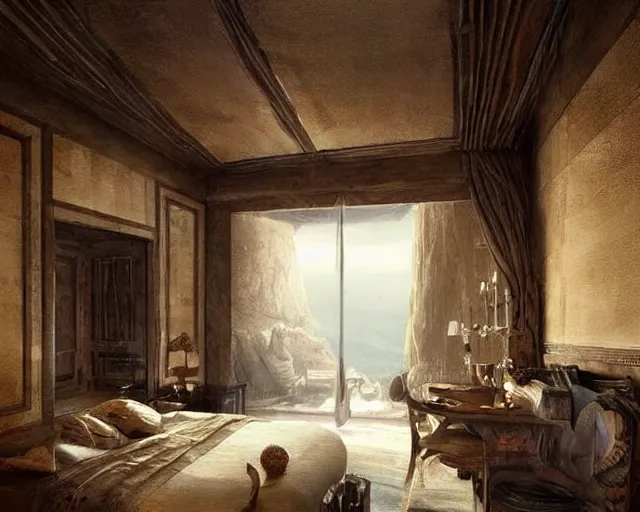 Prompt: a luxury hotel! suite room in the style of prehistoric! iceage, art by greg rutkowski and artgerma, stunning! concept art, interior! design