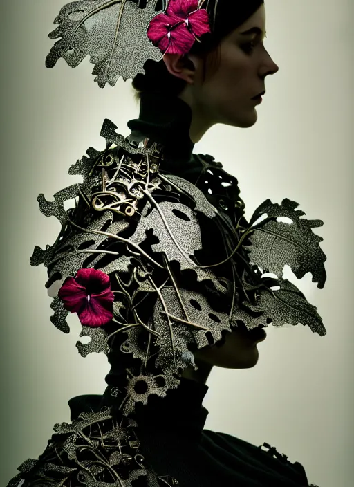 Prompt: kodak portra 4 0 0, masterpiece profile portrait, dutch masters, silver lace floral steampunk biomechanical beautiful one techno eye young female cyborg, big monocular, volumetric light, leaves foliage and stems, hibiscus flowers, by cecile beaton, rim light, big gothic fashion pearl embroidered collar, 8 k