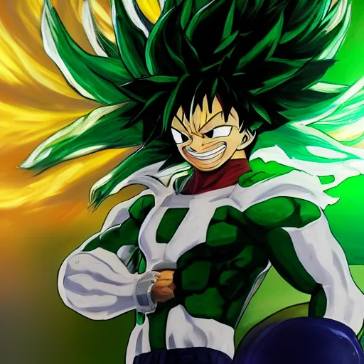 Prompt: an oil painting of a izuku midoriya wearing super sayian armor in mha gta style, by artgerm, hd, hdr, ue 5, ue 6, unreal engine 5, realistic anime 3 d style, cinematic 4 k wallpaper, 8 k, ultra detailed, gta cover art, high resolution, artstation, award winning