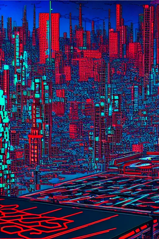 Image similar to drum machines and synththezisers cityscape, modular, in the style of akira, tron, sculpted by gaudi