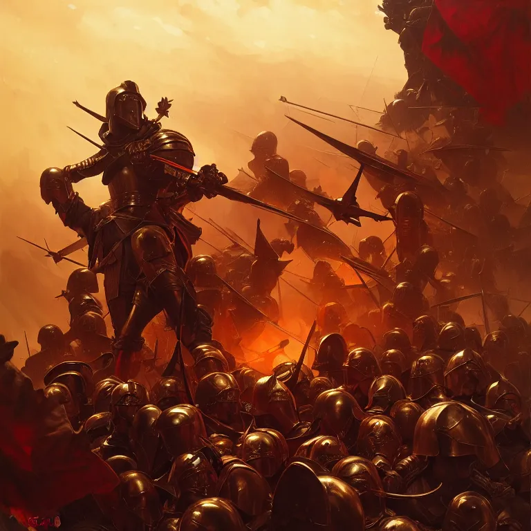Image similar to commander at the battle field of a medieval war between golden soldiers and black red iron soldiers, dramatic lighting, intricate, wild, highly detailed, digital painting, artstation, concept art, smooth, sharp focus, illustration, art by artgerm and greg rutkowski and alphonse mucha