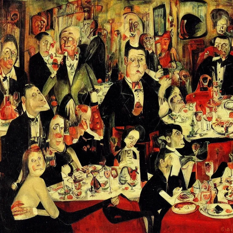 Prompt: Unhappy family gathered at the dinner. Painting by Otto Dix