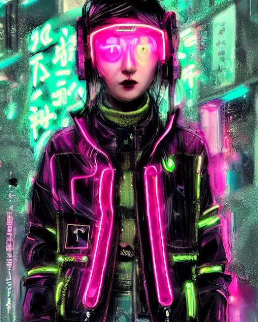 Prompt: detailed portrait Neon Operator Girl, cyberpunk futuristic neon, reflective puffer jacket, black leggings, decorated with traditional Japanese ornaments by Ismail inceoglu dragan bibin hans thoma !dream detailed portrait Neon Operator Girl, cyberpunk futuristic neon, reflective puffy coat, decorated with traditional Japanese ornaments by Ismail inceoglu dragan bibin hans thoma greg rutkowski Alexandros Pyromallis Nekro Rene Maritte Illustrated, Perfect face, fine details, realistic shaded, fine-face, pretty face