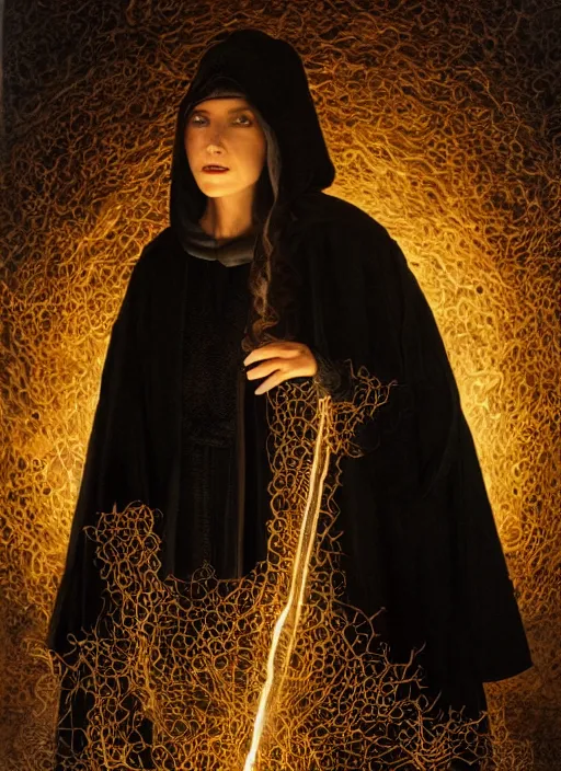 Image similar to portrait of a female sorceress, wearing a black robe, dungeons and dragons, by ivan fedorovich, by ernesto strigelly choultse, cinematic lighting