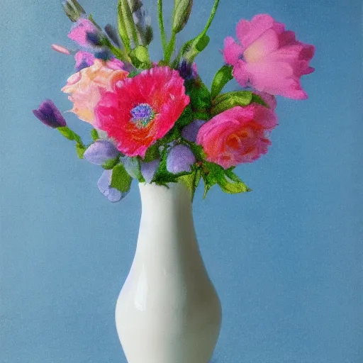 Prompt: a white ceramic vase, with colorfull tall flowers, pastel colors, pink, blue, studio photo, photorealism, symmetry.