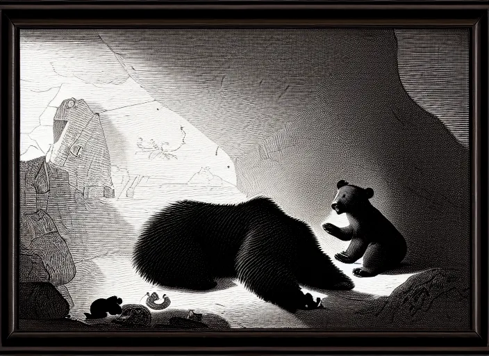 Prompt: Pieter Claesz's 'a bear and her cub sleeping in a dark cave, lit by hole in roof', night time, cross hatching, backlit, beautiful wooden frame, monochrome, colours of the sunset