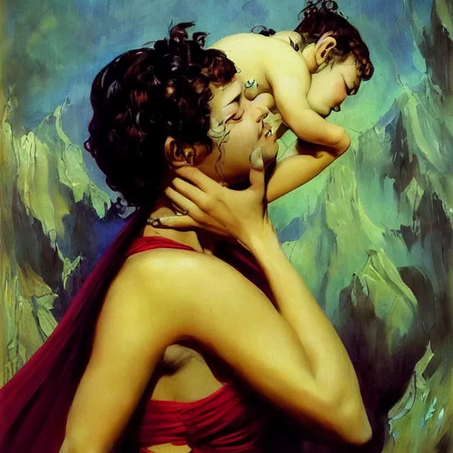 Image similar to an aesthetic! detailed portrait of an aesthetic woman crying mournfully while holding a child, by frank frazetta, oil on canvas, bright colors, art nouveau, epic composition, dungeons and dragons fantasy art, hd, god - rays, ray - tracing, crisp contour - lines, huhd - 8 k