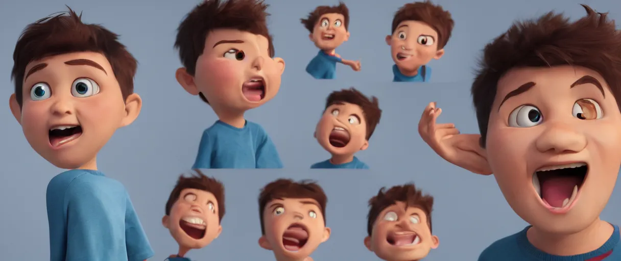 Prompt: One image consisting of ten images of different human emotions. This is a new cartoon character of a boy in the mix of disney and pixar style 8k, insane details, ultrarealistic, octane render