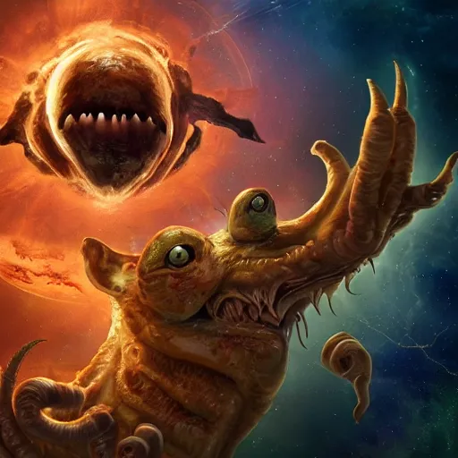 Image similar to eldritch horror bloody garfield in space, hd, 8 k, giant, epic, realistic photo, unreal engine, stars, prophecy, powerful, cinematic lighting, destroyed planet, debris, violent, sinister, ray tracing, dynamic, epic composition, dark, horrific, teeth, grotesque, monochrome drawing, hellscape