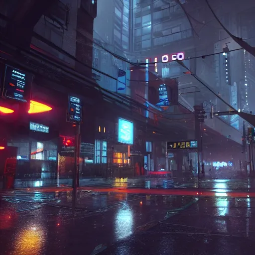 Prompt: A street level view of a raining cyberpunk city, unreal engine, volumetric lighting, 4k