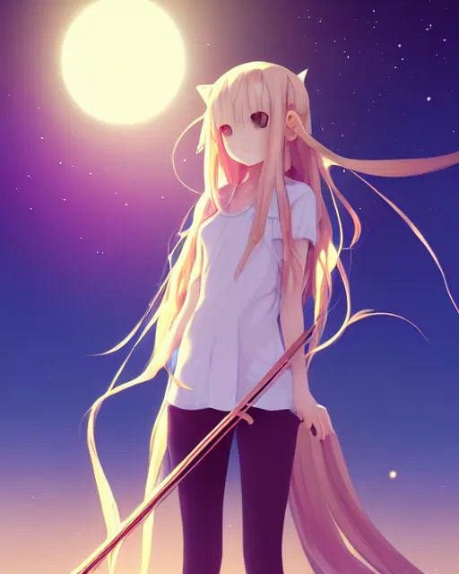 Image similar to teen, cute, melancholy, full body, cat girl, white skin, golden long wavy hair, holding a violin and playing a song, stunning art style, filters applied, lunar time, night sky, trending art, sharp focus, centered, landscape shot, fate zero, simple background, studio ghibly makoto shinkai yuji yamaguchi, by wlop