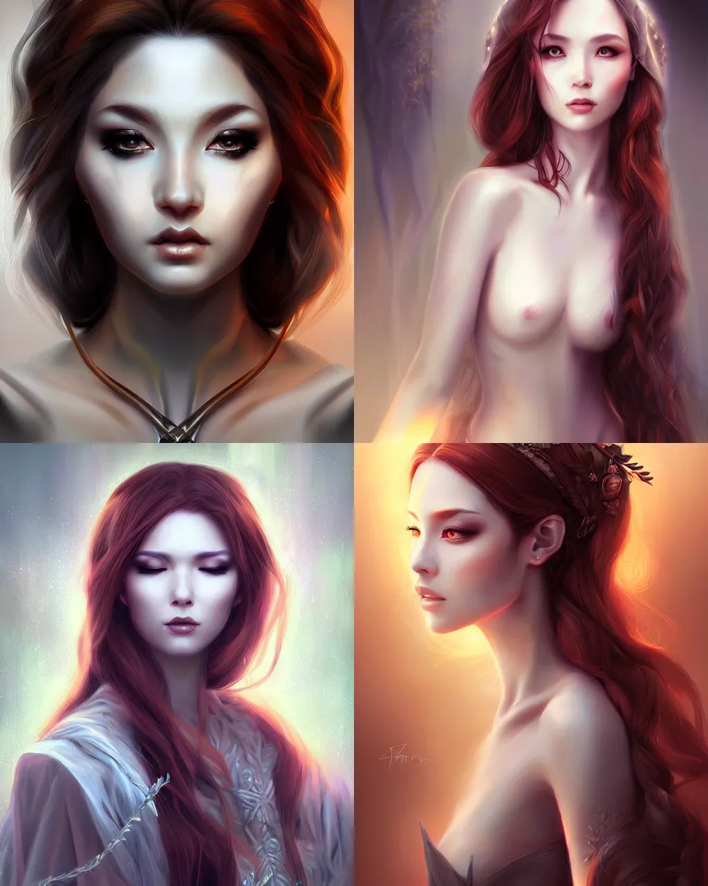 Prompt: Elegant auburn priestess portrait, dark fantasy digital art, soft focus, depth blur, by artgerm and wlop