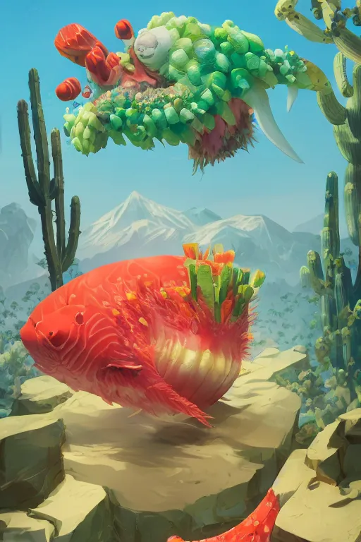 Image similar to 3 d render creature animal sushi cristal very big eye roots cactus elemental flush of force nature micro world fluo fishscale, comics gta 5 cover, official fanart behance hd artstation by jesper ejsing, by rhads, makoto shinkai and lois van baarle, ilya kuvshinov, ossdraws