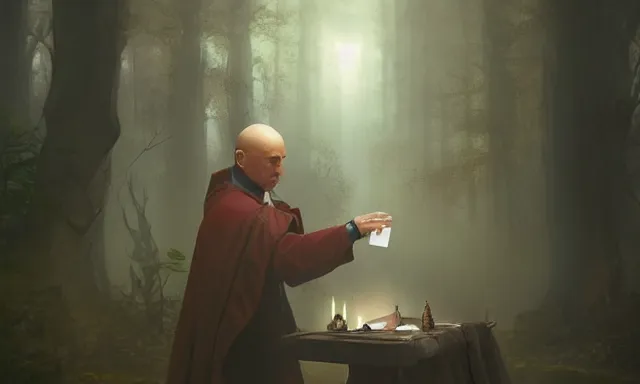 Prompt: priest doing a card trick, cardistry, swarm of cards, fantasy, digital art, soft lighting, nature, 8 k, fantasy concept art by greg rutkowski