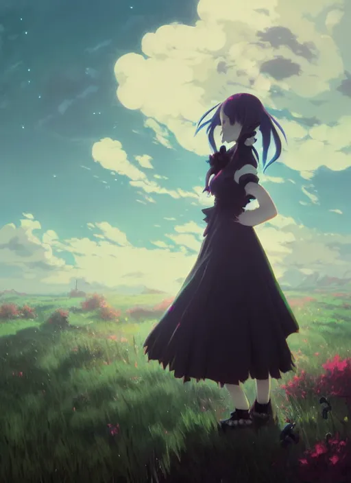 Prompt: portrait of gothic alice from wonderland, cloudy sky background lush landscape illustration concept art anime key visual trending pixiv fanbox by wlop and greg rutkowski and makoto shinkai and studio ghibli