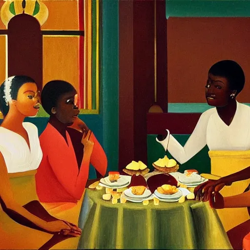 Image similar to dark skinned people eating at a regal buffet ultra detailed beautiful setting elegant event nigerian party minimalist gold ornaments iridescent lighting glamour in the style of edward hooper and henri matisse oil painting