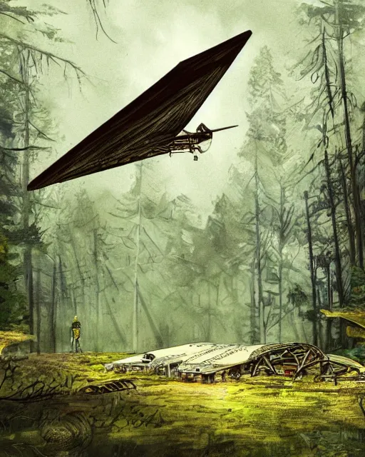 Prompt: ornithopter abandoned in a forest, illustration by wojciech siudmak, art station