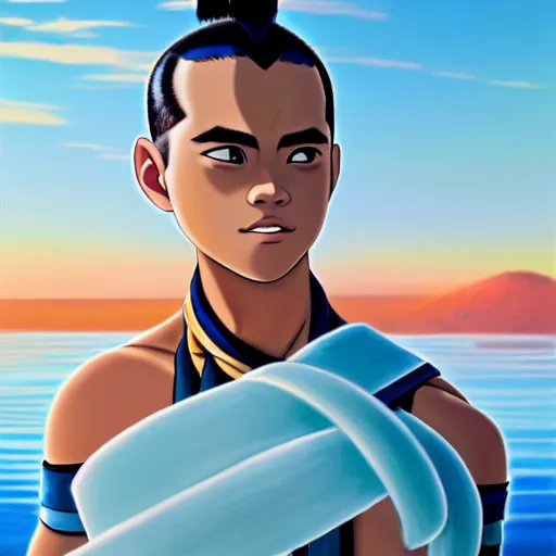 Image similar to beautiful serene intricate photograph of sokka from the water tribe as an inuit young man with light blue eyes, smiling confidently, relaxing on the beach, golden hour, soft focus, 8 k, art by irakli nadar, hyperrealism, hyperdetailed, ultra realistic