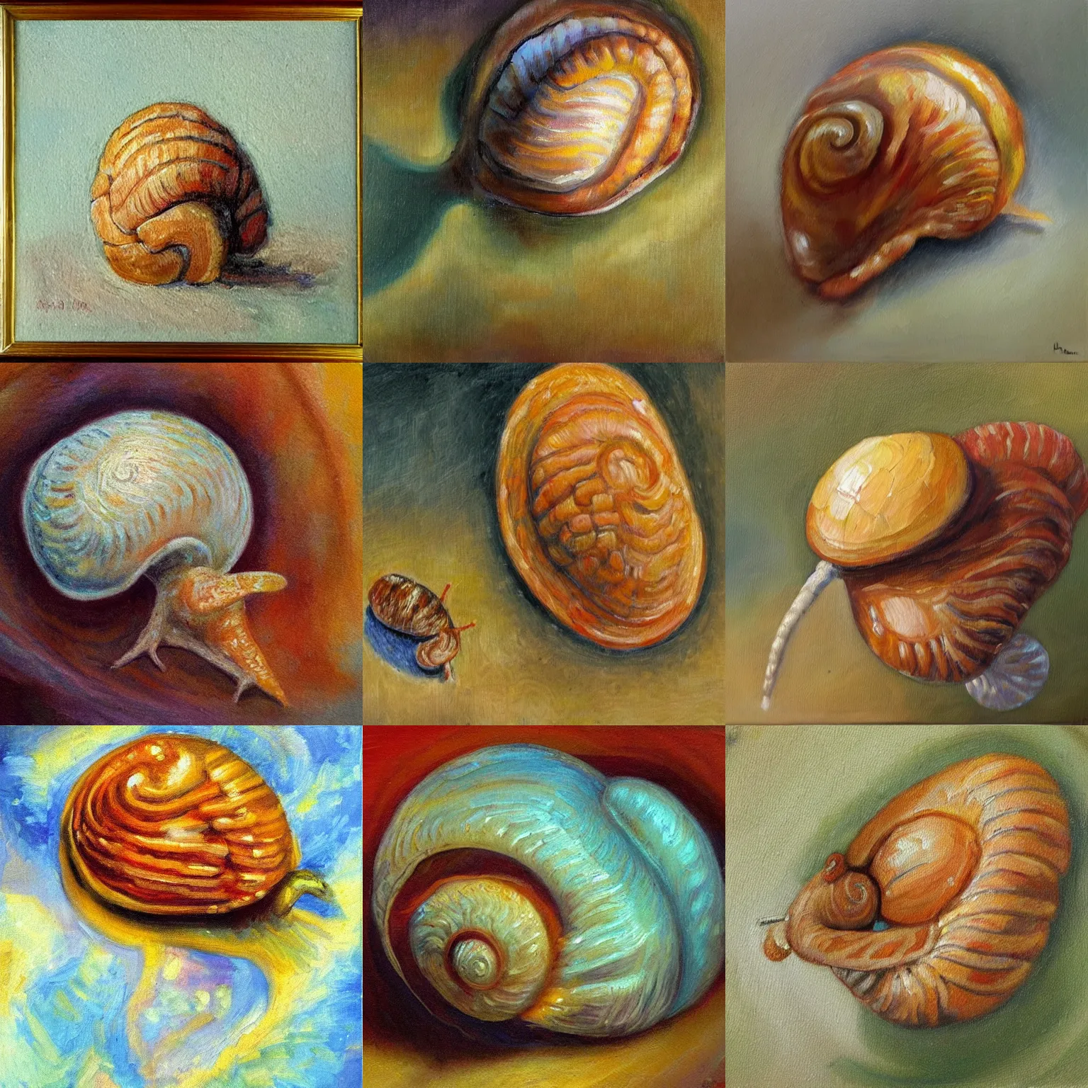 Prompt: detailed impressionist oil painting of a snail with a very big human brain as shell